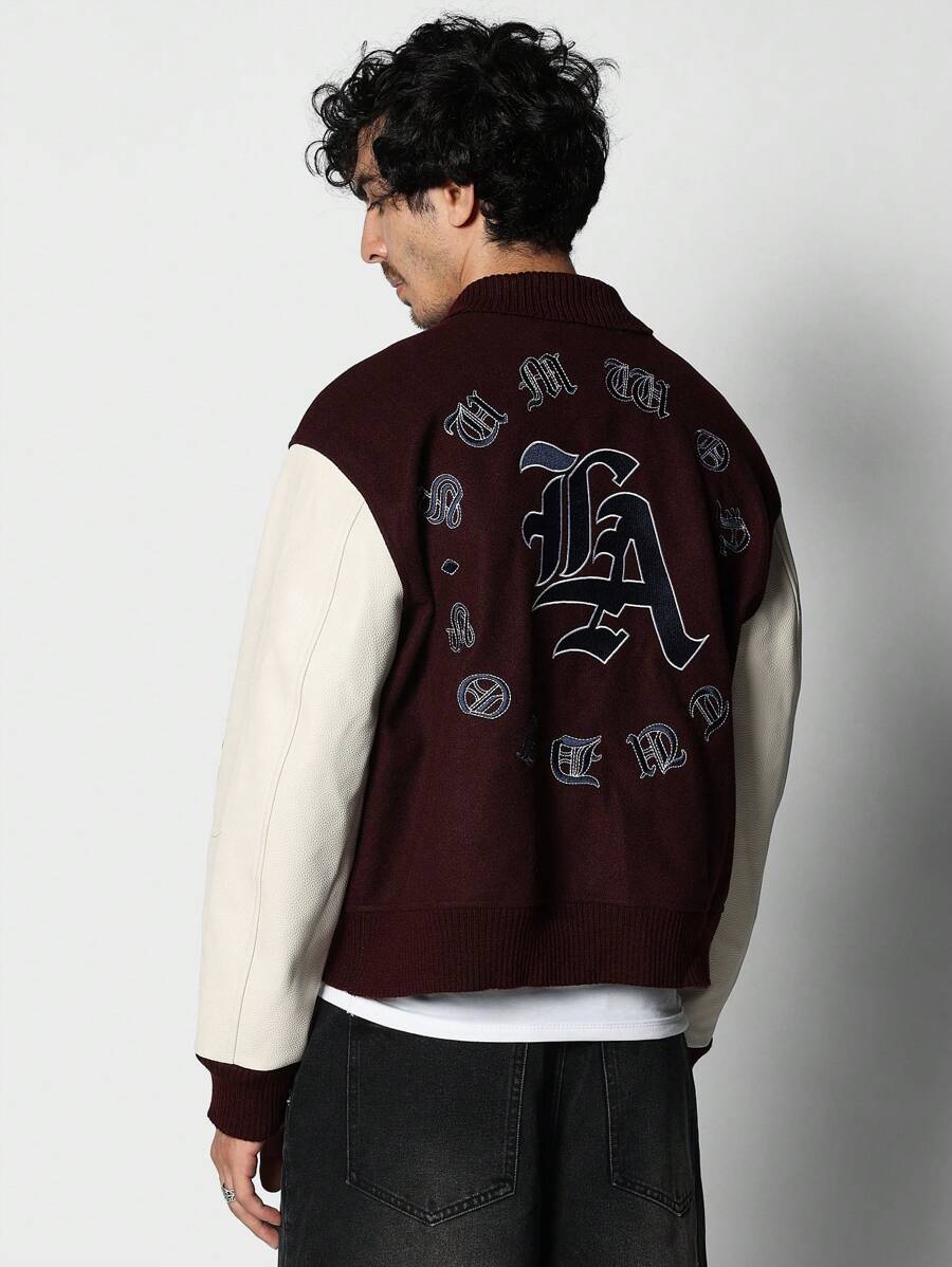 SUMWON Premium Two Tone Varsity Letterman Jacket With Embroidered Logo Patches College Style Baseball Student Athlete Autumn Winter Outerwear - Burgundy - View 1