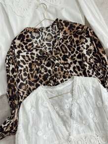SHEIN Clasi Leopard Print Casual Shirt With Flare Sleeves For Spring/Autumn - Khaki - View 6