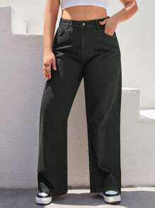 RueChic Plus Size Solid Color Jeans With Slanted Pockets - Navy Blue - View 1