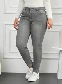 RueChic 大尺碼高腰水洗緊身牛仔褲 - 淺灰色 - 查看 4