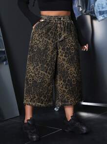 SHEIN ICON Quần jean ống rộng họa tiết da báo cỡ lớn thông thường - Nhiều màu - Xem 4