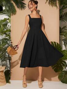 L'Amorae Square Neck Sleeveless Solid Dress - Black - View 4