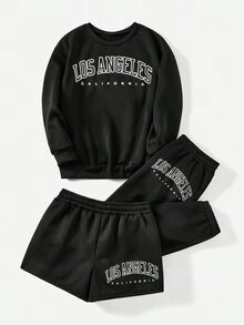 Flirla Plus Size 3-Piece Set, Sweatshirt Suit, Casual Sports Style, Versatile, Round Neck Long Sleeve Sweatshirt, Sweatpants, Long Pants & Shorts Multi-Piece Set - Black - View 3