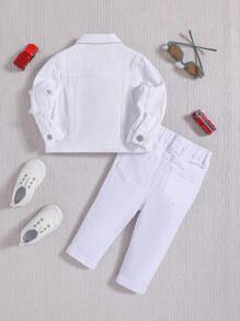 SHEIN Conjunto de 2 piezas para bebé niño: Chaqueta vaquera blanca casual y linda con efecto desgastado y desgarrado de manga larga, y jeans de alta elasticidad, versátil para ropa de otoño y atuendos para exteriores de bebé niño - Blanco - Ver 2