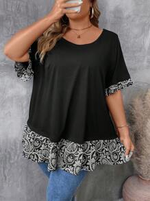 SHEIN CURVE+ Camiseta casual de manga corta con cuello redondo, talla grande para mujer con estampado floral de verano y remiendos