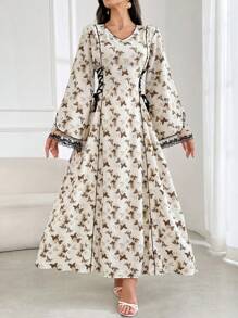 Al Najma 女士蝴蝶印花 V 领优雅长袖阿拉伯朴素连衣裙 - 咖啡棕 - 查看 7