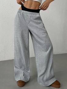 SHEIN EZwear Pantalones anchos casuales y versátiles de 2 en 1 con entrepierna ancha de punto gris para mujer