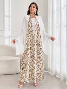 Al Najma Round Neck Floral Patchwork Solid Color Embroidered Trim Islamic Dress With Headscarf, Modest - White - View 3
