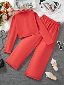 Bộ đồ 2 món thanh lịch cho bé gái tuổi teen: Áo khoác blazer và quần ống rộng, thích hợp cho năm học mới. - Màu Hoa hồng đỏ - Xem 2