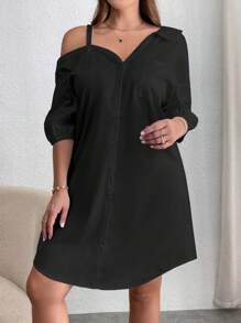SHEIN Essnce Plus Size Women's Summer Solid Color Asymmetric Collar Single Breasted Casual Loose Dress - Black - View 5