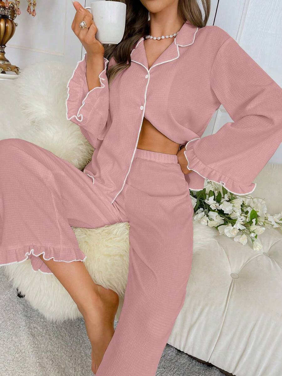 Contrast Binding Ruffle Trim PJ Set / Pajama Set, Fall Winter Clothes - Pink - View 1