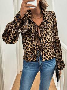 SHEIN Clasi Leopard Print Casual Shirt With Flare Sleeves For Spring/Autumn - Khaki - View 3