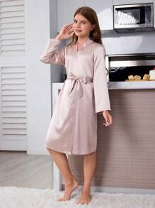 Tween Girl 3-Piece Champagne Solid Color Simple Belted Robe Pajama Set - Mommy And Me Matching Outfits (Sold Separately)