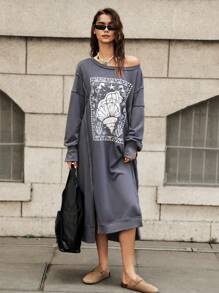 Bohemela Vestido holgado de sudadera con gráficos para vacaciones con aberturas laterales para mujer, gris