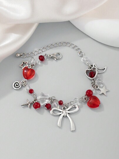 Kawaii 1pc Fashionable Sweet & Simple Star Moon Bowknot Pendant Crystal Chain Bracelet Valentines,Mom,Mother,Mother's Day,Gift