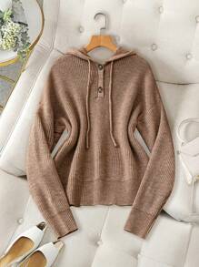 Chiquease Women's Solid Color Simple Daily Hooded Long Sleeve Sweater , Brown Knit Pullover Fall Winter Outfit - Khaki - View 1