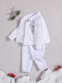 SHEIN Conjunto de 2 piezas para bebé niño: Chaqueta vaquera blanca casual y linda con efecto desgastado y desgarrado de manga larga, y jeans de alta elasticidad, versátil para ropa de otoño y atuendos para exteriores de bebé niño - Blanco - Ver 6
