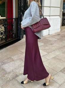 INAWLY Damen eleganter und sexy langer Rock Einfarbig - Violett - Übersicht 1