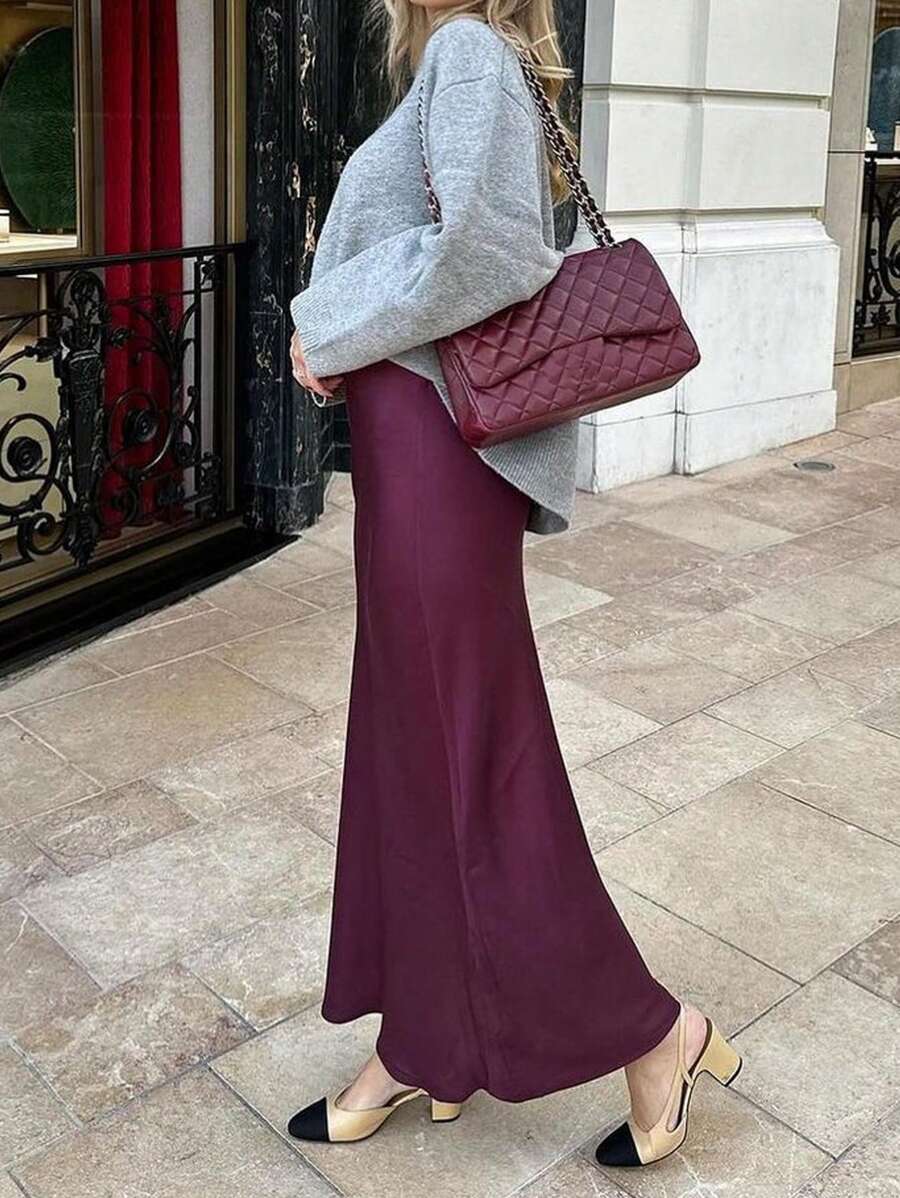 INAWLY Damen eleganter und sexy langer Rock Einfarbig - Violett - Übersicht 1