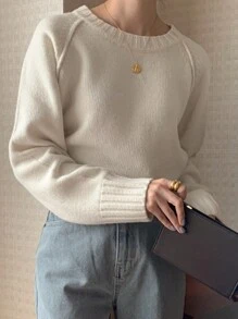 DAZY 女式圆领纯色长袖毛衣秋季 - 白色 - 查看 5