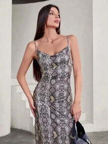 SHEIN Privé 1pc Random Snake Skin Print Spaghetti Strap Backless Dress For Women - Multicolor - View 3