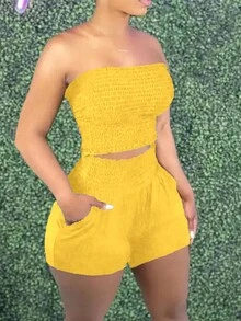 SHEIN Slayr 大码女式度假纯色荷叶边抹胸上衣和口袋短裤休闲两件套 - 黃色 - 查看 3
