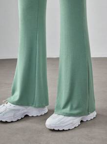 SHEIN Teenage Girl's Knitted Solid Color Ribbed Short Sleeve T-Shirt And Flared Pants Casual Sports Two-Piece Set - Green - View 4