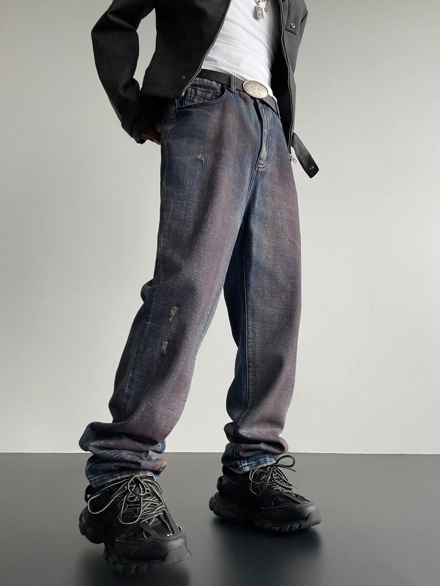 Manfinity Roghcode Jeans rectos holgados en denim oscuro descolorido y desgastado, estilo callejero retro Y2K, para regalo de esposo o novio - Azul lavado oscuro - Ver 1
