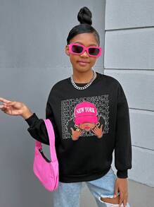 SHEIN Chica preadolescente 1 pieza Sudadera con estampado de letra y figura de hombros caídos con forro térmico