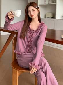 DAZY 蕾丝边短款开衫上衣和简约睡裤 2 件套家居服套装 - 粉色 - 查看 7