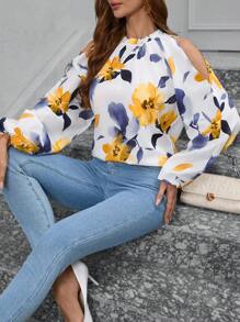 SHEIN Clasi Women's Spring And Summer Casual Floral Print Open Shoulder Lantern Sleeve Winter Fall Women Clothes Thanksgiving Halloween Women Homecoming Work Clothes Date Night Off Shoulder Long Sleeve Shirt - Multicolor - View 7