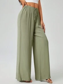 SHEIN PETITE 抽绳腰纯色夏季长裤 - 綠色 - 查看 5