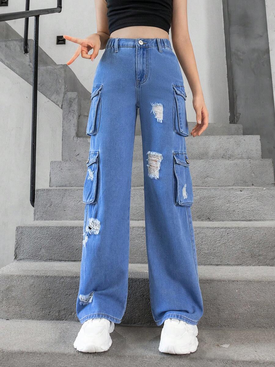 SHEIN Explorewe Tween Girls Jeans New Style Casual Fashion Ripped Cargo Style Washed Denim Straight Pants - Medium Wash - View 1