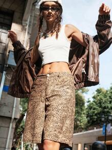 Bohemela Holiday Woven Leopard Pattern Slip Pocket Low Rise Straight Leg Women's Bermuda Shorts - Brown - View 1