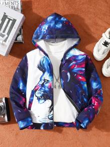 Boys' 3D Lion Rendering Printed Zippered Hooded Jacket Street Fashion Jacket - Blue and White - View 1