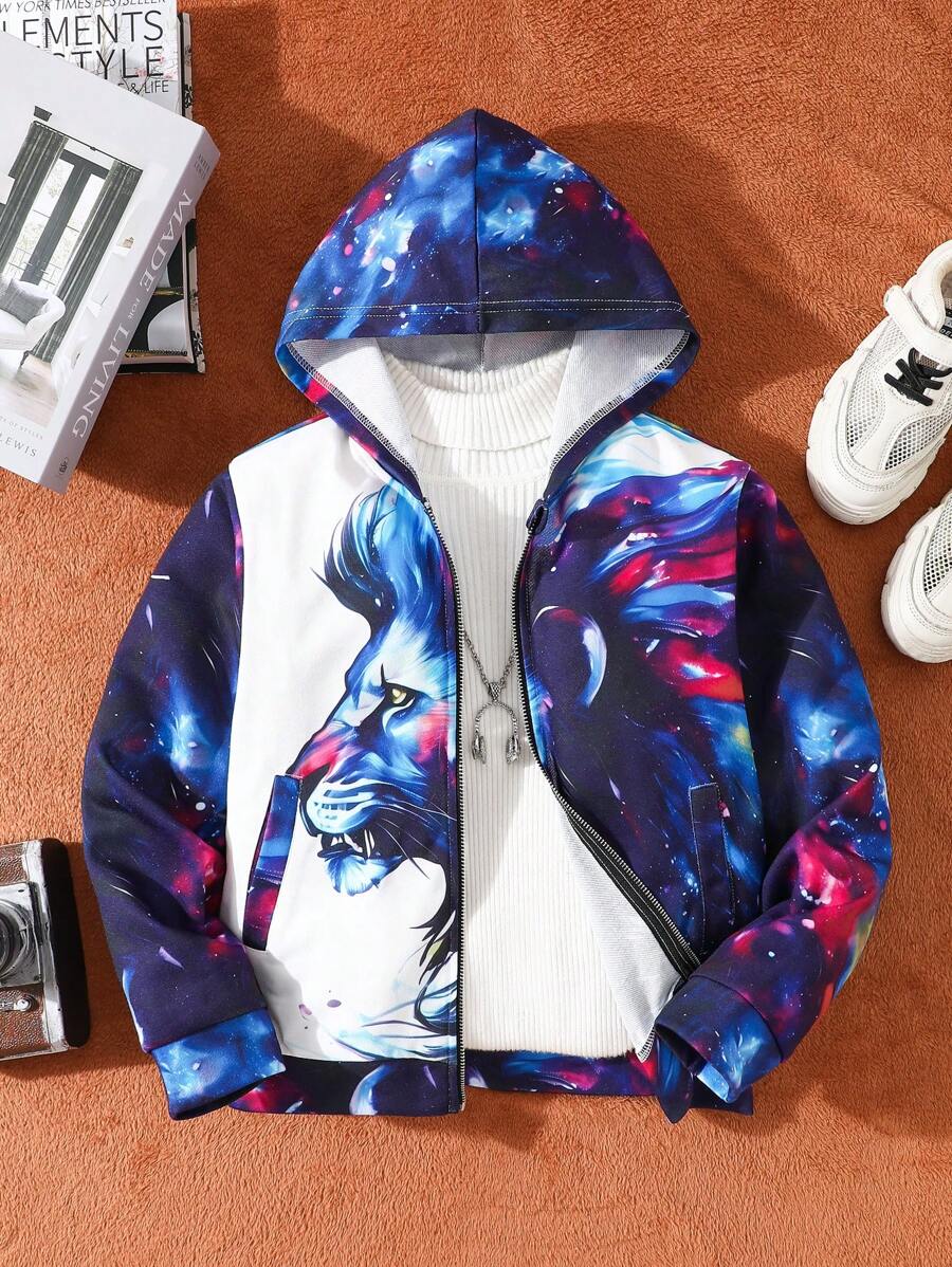 Boys' 3D Lion Rendering Printed Zippered Hooded Jacket Street Fashion Jacket - Blue and White - View 1