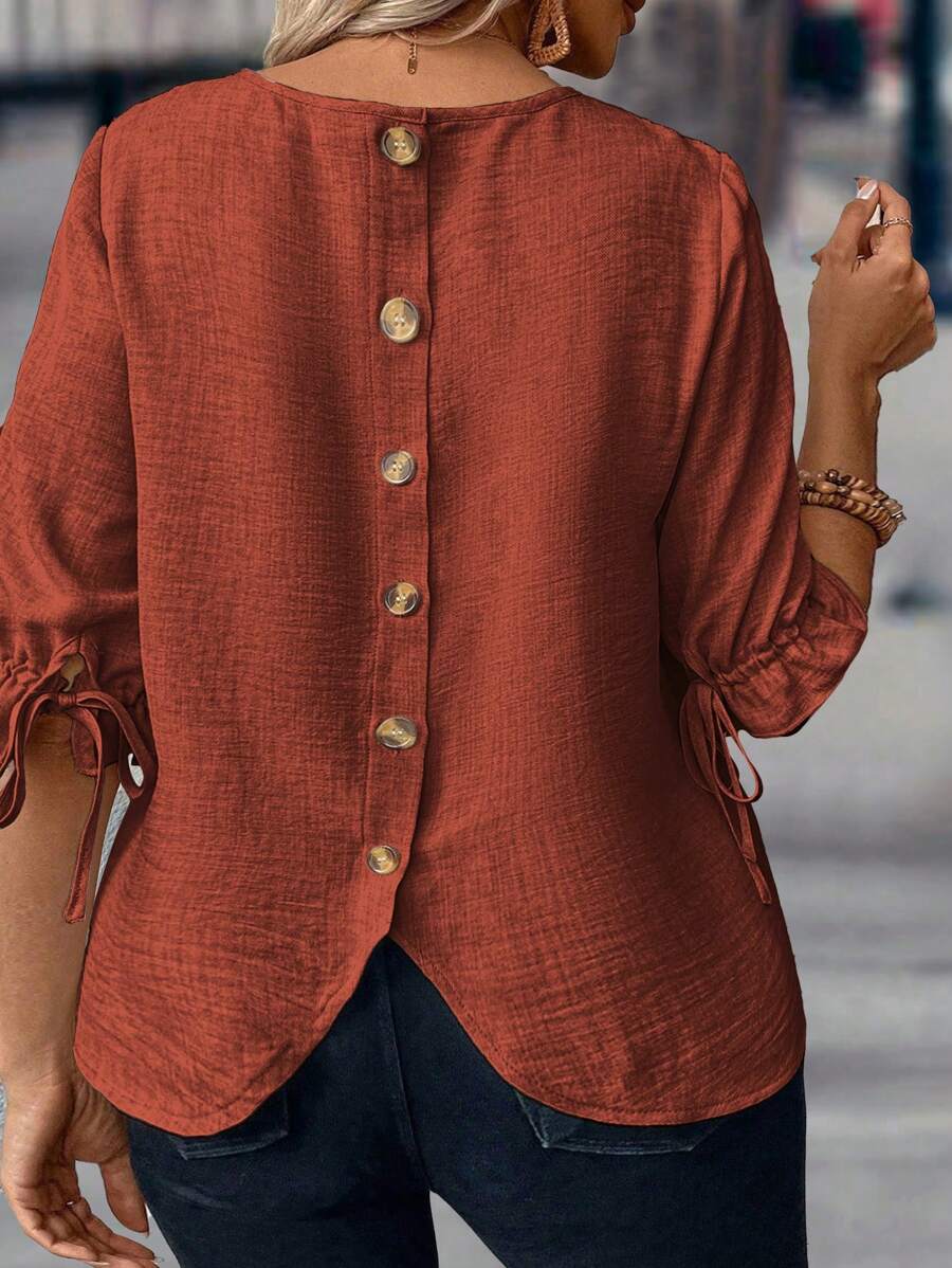 EMERY ROSE Chemise décontractée de vacances à boutons et couleur unie pour grandes tailles - Lie de vin - Voir 1