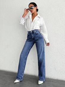 EURMUSE Women's Zipper Fly Front Denim Pants - Navy Blue - View 3