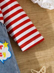 Toddler Casual Striped Top And Denim Outfit - Medium Wash - View 6