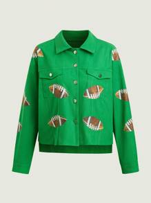 SHEIN LUNE 女士休闲长袖扣式橄榄绿色足球印花夹克 - 綠色 - 查看 3