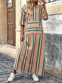 SHEIN LUNE 撞色条纹长袖连衣裙，休闲度假风 - 彩色 - 查看 3