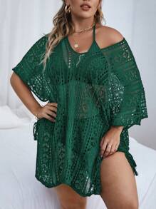 SHEIN Swim Curve Vestido de cubrir de talla grande con tejido de punto calado y unicolor - Verde Oscuro - Ver 1