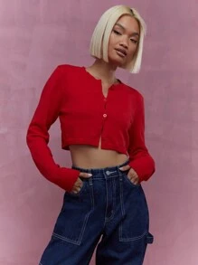 MISSGUIDED 纽扣圆领长袖短款开衫 冬季圣诞节 - 紅色 - 查看 1