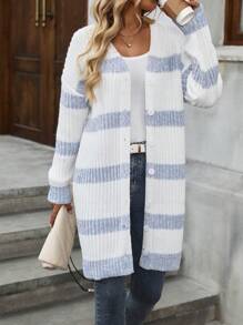 SHEIN LUNE 女式长袖条纹开衫，纽扣设计，休闲日常时尚撞色 - 彩色 - 查看 1