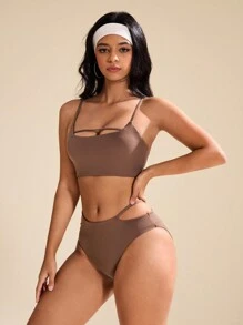 SHEIN Sports Women's Solid Color Minimalist Sports Crop Top And Leggings Set, Summer