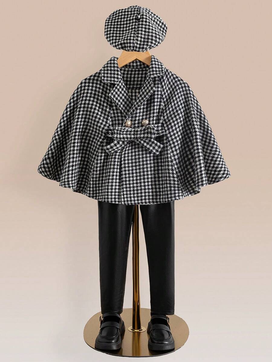 SHEIN 3 件套女童千鸟格斗篷、黑色 PU 裤子和帽子套装，优雅时尚装扮，适合秋冬季 - 棕色 - 查看 1