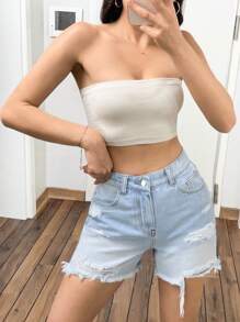 RueChic LOW WAIST  RAW HEM BUTTON MINI JEAN SHORT - Light Wash - View 1