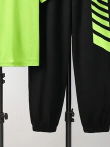 SHEIN 2 件套青少年男童休闲简约字母印花圆领套头衫，适合夏季运动、跑步、户外 - 綠色 - 查看 4