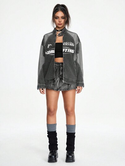 Grunge Punk Chaqueta de mezclilla con estampado de bloque de color de manga larga y hombros caídos para mujer, primavera otoño