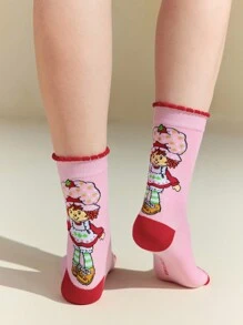 Strawberry Shortcake X SHEIN 2 Pairs Women Cartoon Character & Strawberry Pattern Mid-Calf Socks, Day